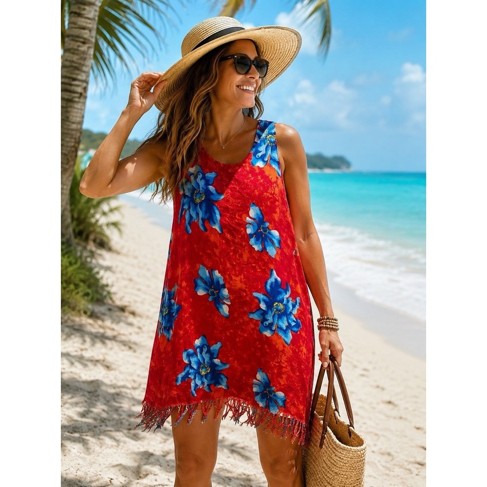 Koko Knot Tropical Floral Rayon Tunic Cover Up Fringe Hem Red Blue Size M